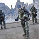 13/09/10 Jeff Moore
flanked by two Spartan warriors, Dan Schlund - the world's original rocket man - jets into Trafalgar Square for the launch of 'Halo: Reach' on Xbox 360. The game, which is set to smash the Halo series through the $2billion mark, launches globally tomorrow, with Westfield shopping centre to open at midnight on Monday especially. For more information please contact Paul McEntee on 0203 047 4078